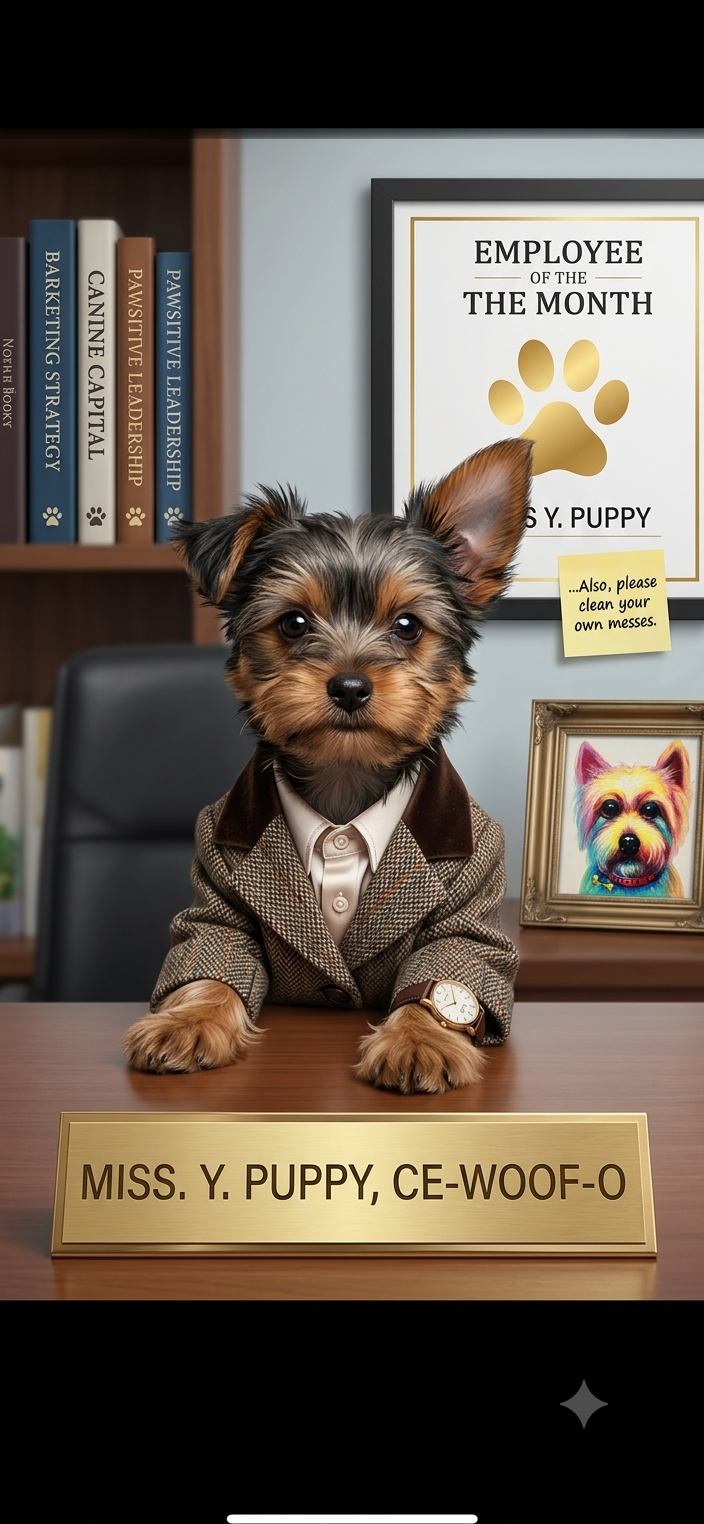 Lady A dog in a suit sits at a desk with a nameplate and a humorous certificate behind.