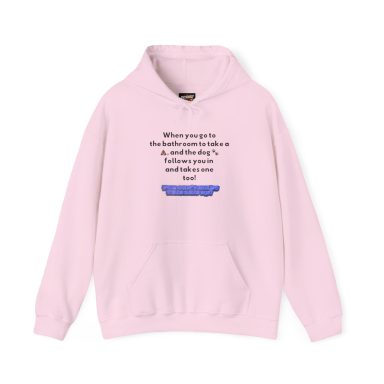 Light pink hoodie, funny dog in bathroom story