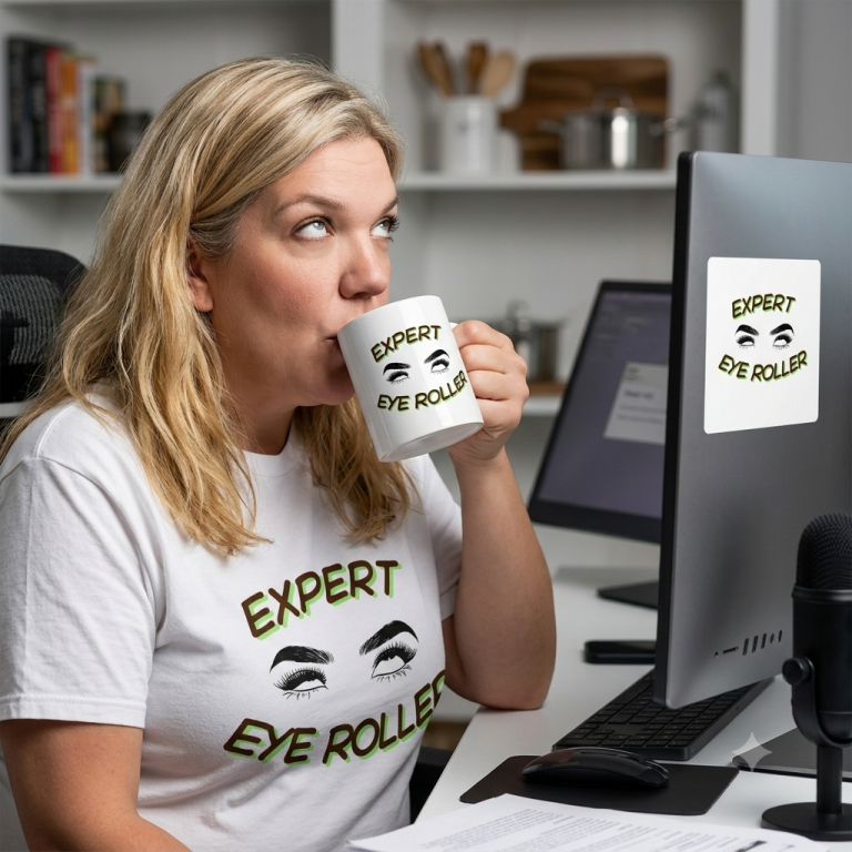 Expert Eye Roller Gear Woman in a "Expert Eye Roller" shirt sipping from a mug at a desk with a computer.