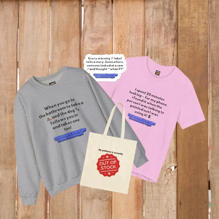 A flat lay product display on a rustic wooden background featuring Probably Not Sorry brand items