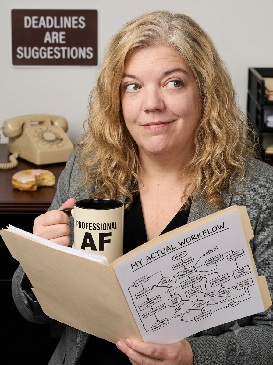 Maxine Foy Woman with curly hair holds a coffee mug and a folder, smiling with a humorous expression.
