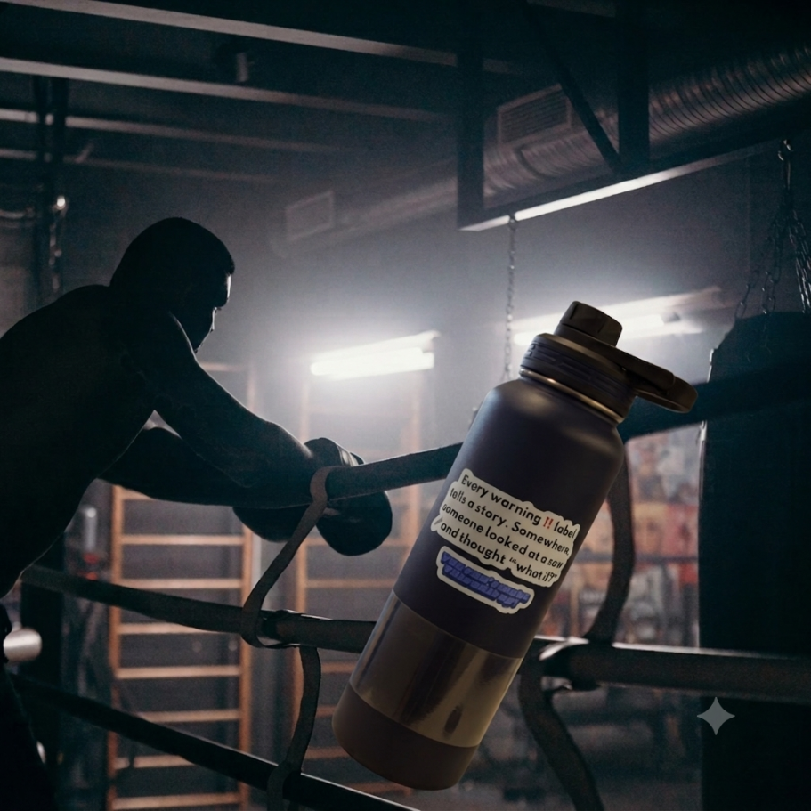 A person boxing in a dimly lit gym, with a water bottle in the foreground. Funny sarcastic warning label sticker affixed to it.