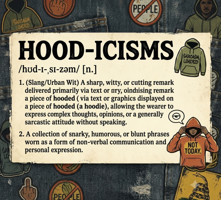 ⁠A graphic displaying a mock dictionary definition for the word Hood-icisms, defining it as sharp, sarcastic remarks worn on hoodies.