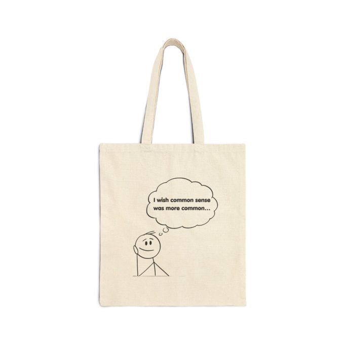 Canvas tote bag featuring a cartoon figure with a speech bubble saying, "I can't remember where I put my keys!"